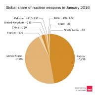 Pie chart showing gloal share of nuclear weapons in January 2016